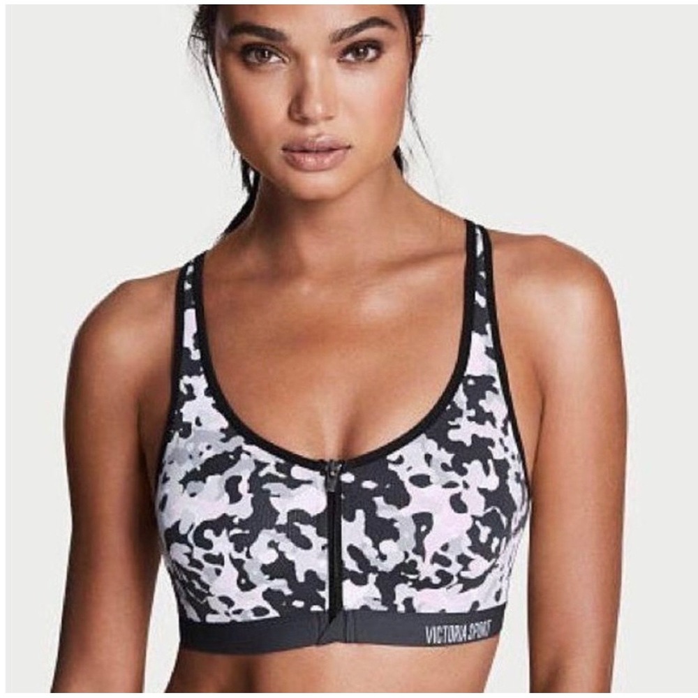 Victoria Sport Knockout Front-Close Sport Bra 32DD (E) Grey Pink Camo Gym EUC